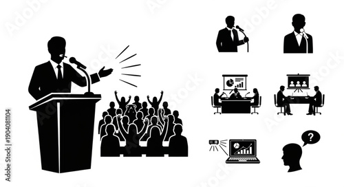 Speaker at podium addressing an enthusiastic audience with smaller icons representing public speaking and meetings.