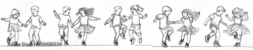 line art of two children happily dancing on Valentine's Day