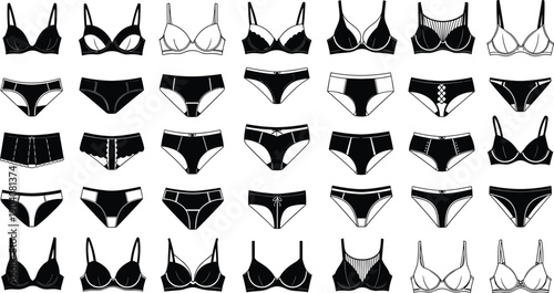 Vector set of women's lingerie icons, black and white feminine underwear silhouettes, bra and panties collection isolated on white background,