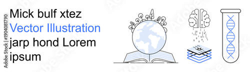 Education, scientific research, global learning, brain innovation, biology concepts, knowledge sharing. Open book with a globe, brain DNA helix and interconnected layers. Education and science
