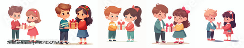 vector two children standing giving valentine gifts