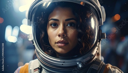 A captivating portrait of a woman in an astronaut helmet, gazing directly at the viewer with a thoughtful expression