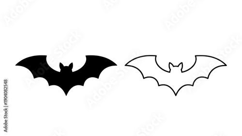 Flying bat silhouette and outline icons perfect for Halloween or wildlife themed designs. Spooky nocturnal mammal vector isolated on transparent background.