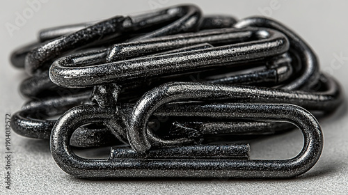 A close-up of a pile of black metal paperclips.