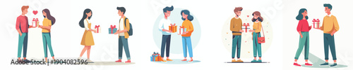 vector standing couple giving valentine gifts