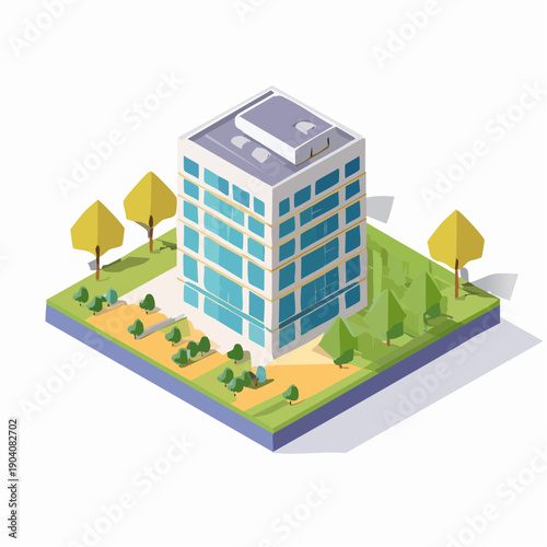 Isometric view of a modern office building surrounded by trees and grass, representing urban development