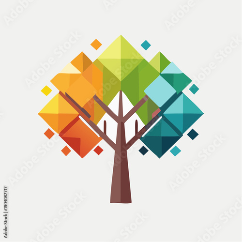Abstract geometric tree design with vibrant, multicolored diamond shapes representing growth and interconnectedness and modern vitality