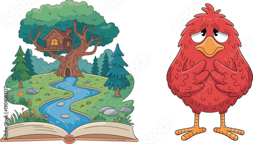 Magical treehouse illustration, open book fantasy, cartoon bird character, whimsical forest stream, fairy tale art, storytelling concept, nature scene, emotional mascot
