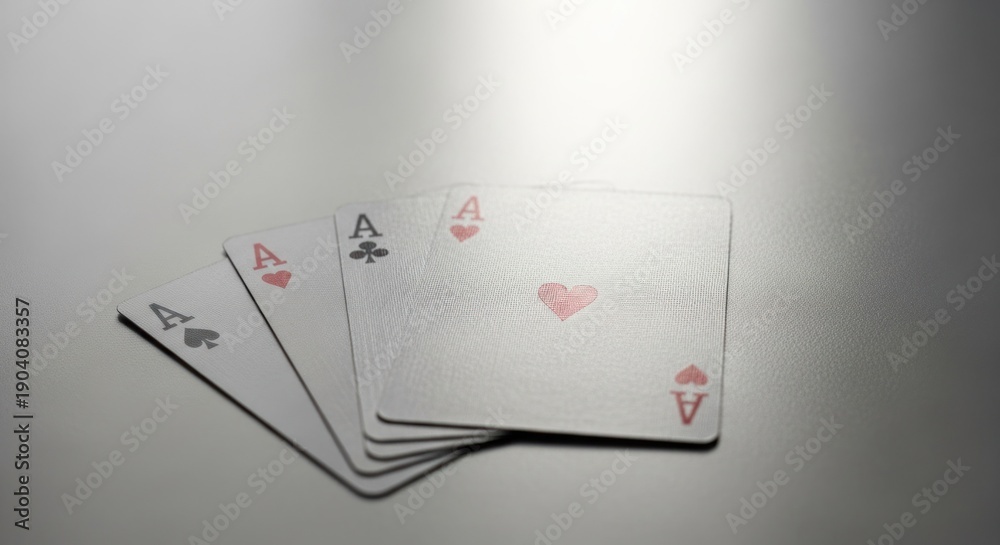 Obraz premium Close-up of four playing cards, all aces, with different suits, against a gray gradient