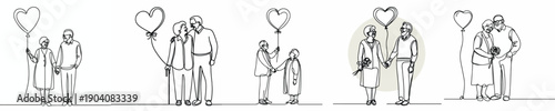 line art of a old couple standing giving a valentine's love shaped balloon