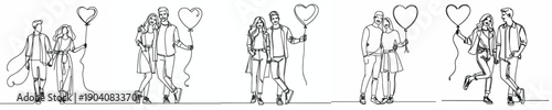 line art of a couple standing giving a valentine's love shaped balloon