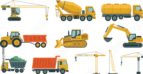 Construction machinery vector illustration set with cranes, excavators, trucks, bulldozers, heavy equipment, industrial vehicles, engineering and infrastructure concept