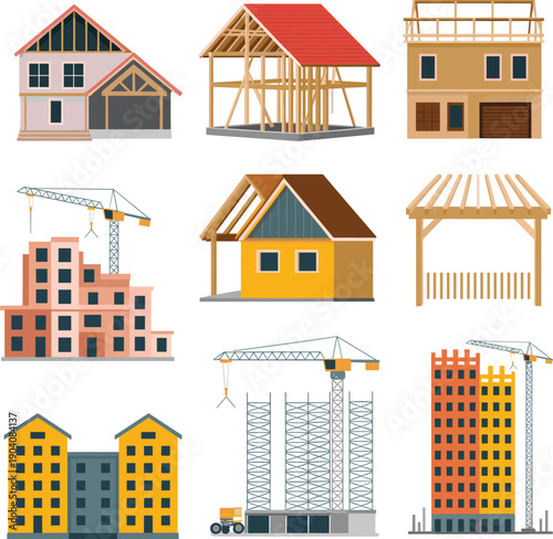 House and apartment construction stages vector illustration showing framing buildings cranes residential commercial architecture development process