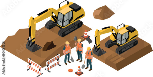 Isometric construction excavation vector illustration with two excavators, workers, safety barriers, roadwork site, heavy machinery, earthmoving, infrastructure development concept project