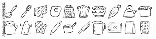 Kitchen Utensils Icons Set, Cooking Tools, Baking, Hand Drawn Doodle, Chef Hat, Microwave, Crayon Wax Rough Texture Element