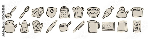 Kitchen utensils scrapbook, doodle, sticker, collage, icon: hand drawn set of cooking tools, chef equipment for bakery, cafe