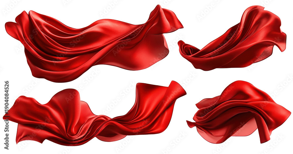 Fototapeta premium Red Silk Cloth Fluttering in Air, Textured Fabrics