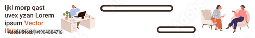 Business communication, therapy discussion, teamwork, professional services, workplace interaction, counseling. A person working at a desk and individuals discussing in armchairs. Business