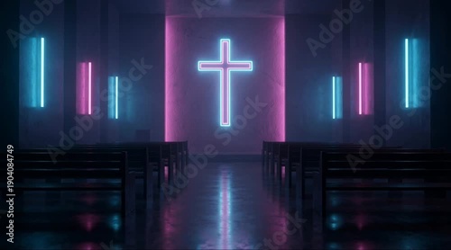 A serene video of a church interior illuminated by neon lights in a peaceful atmosphere