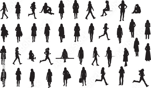 Women walking and running silhouettes set showing everyday human activities