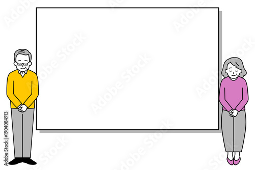 ホワイトボードとお辞儀をする年配の男女