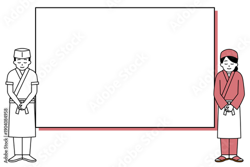 ホワイトボードとお辞儀をする和食屋店員の男女