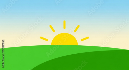 Sunrise over rolling green hills with clear blue sky