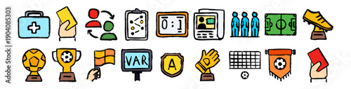 Soccer Football Match Icons, Hand Drawn Doodle Style, Referee Refereeing Elements, Tournament Goal, VAR Monitor, and Sport Competition Trophy
