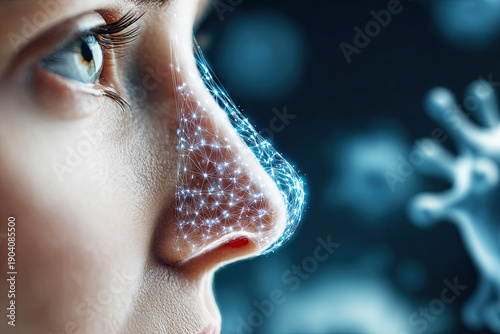 A close-up of a human face with a digital representation illustrating interconnectedness, showcasing a blend of technology and human features.