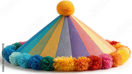 Colorful, striped fabric hat with pom-pom decorations around the brim.