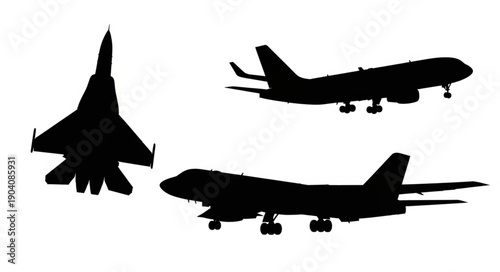 Silhouettes of three different aircraft including a fighter jet and two passenger planes.
