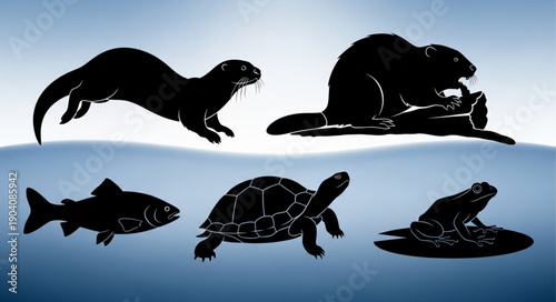 Silhouettes of various aquatic animals in water.