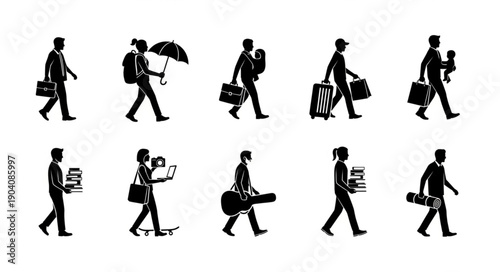 Silhouettes of people walking with various items.