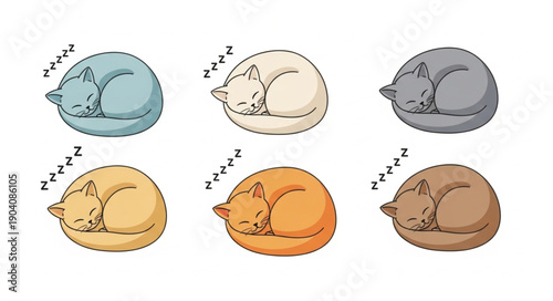 Six Sleeping Cats in Different Colors Curled Up.