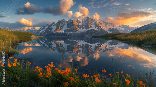 Vibrant alpine sunset over a reflective mountain lake, showcasing snow-capped peaks, blooming wildflowers, and lush meadows under a dramatic sky