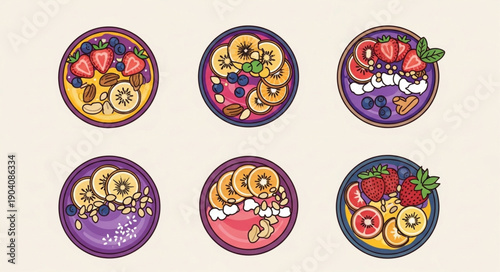 Six colorful smoothie bowls with fresh fruit toppings.