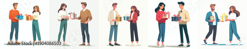 vector standing couple giving valentine gifts