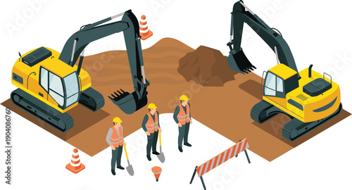 Isometric construction excavation vector illustration with two excavators, workers, safety cones, trench digging, heavy machinery, roadwork, infrastructure development concept