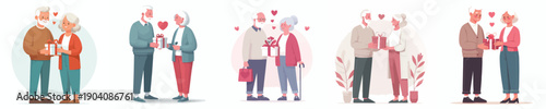 vector standing old couple giving valentine gifts