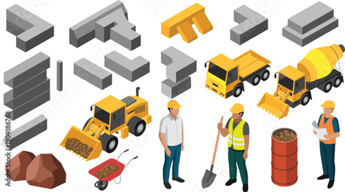 Isometric construction machinery and concrete blocks illustration with workers trucks equipment materials industrial building site vector for adobe stock