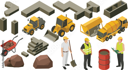 Isometric construction site illustration with heavy machinery workers building materials trucks concrete mixer excavator loader vector set for adobe stock