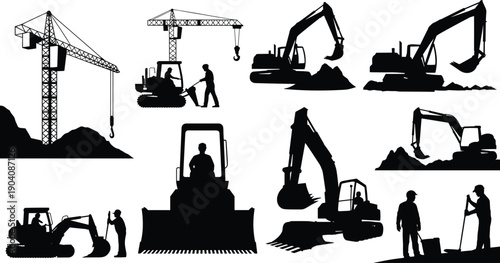 Construction machinery silhouettes featuring excavators, cranes, bulldozers, and workers performing earthmoving operations at industrial building sites vector illustration