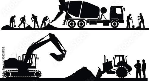 Construction site silhouette vector with concrete mixer truck, excavator, bulldozer and workers, heavy machinery roadwork, industrial civil engineering illustration