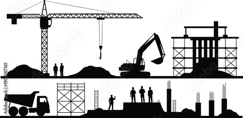 Construction site silhouette vector with tower crane, excavator, dump truck and workers, building framework, heavy machinery, industrial civil engineering illustration