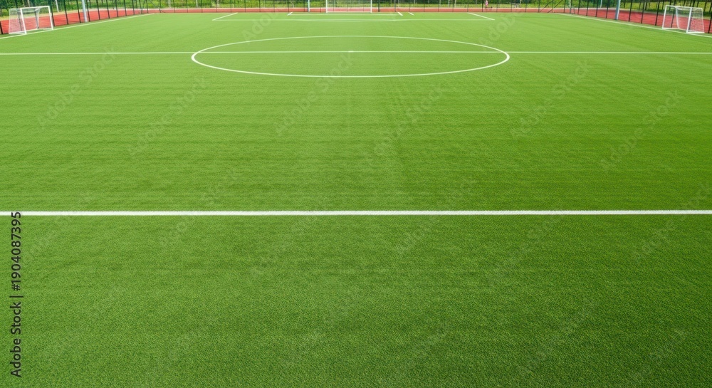Fototapeta premium Wide shot of a well-maintained, bright green soccer field, ready for a match