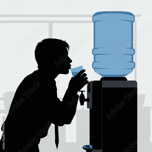Man Drinking from Water Cooler.