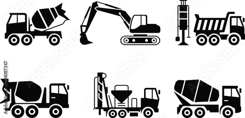 Construction vehicle silhouette set with concrete mixer trucks, excavator, drilling rig and dump truck, heavy machinery vector illustration for industrial building projects