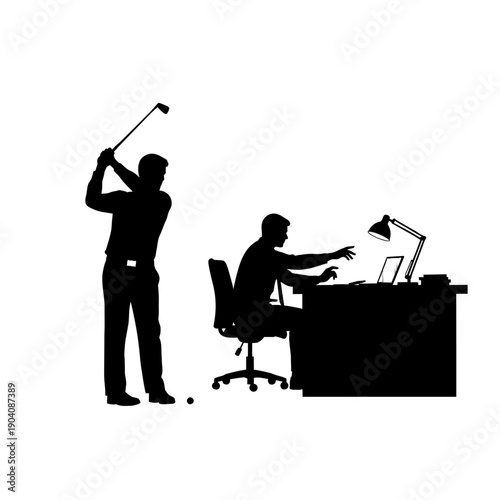 Man Golfing Near Office Desk Illustration.