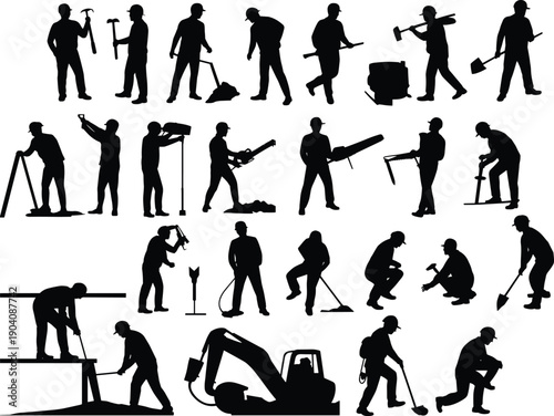 Construction worker silhouettes set showing industrial labor activities, manual tools usage, building site jobs, black vector illustration collection isolated