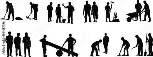 Construction worker silhouettes set illustrating teamwork, manual labor activities, industrial tools usage, building site jobs, black vector illustration collection
